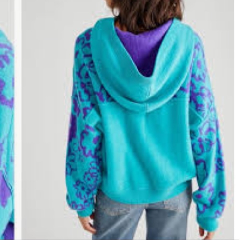 Free People Teal and Purple Floral Hooded Pullover Sweater - Picture 14 of 16